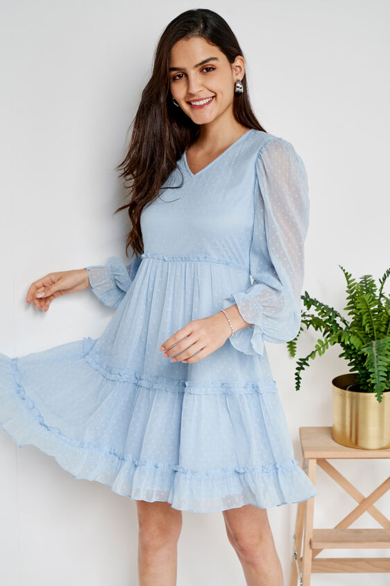 Blue Solid Flared Dress, Blue, image 1
